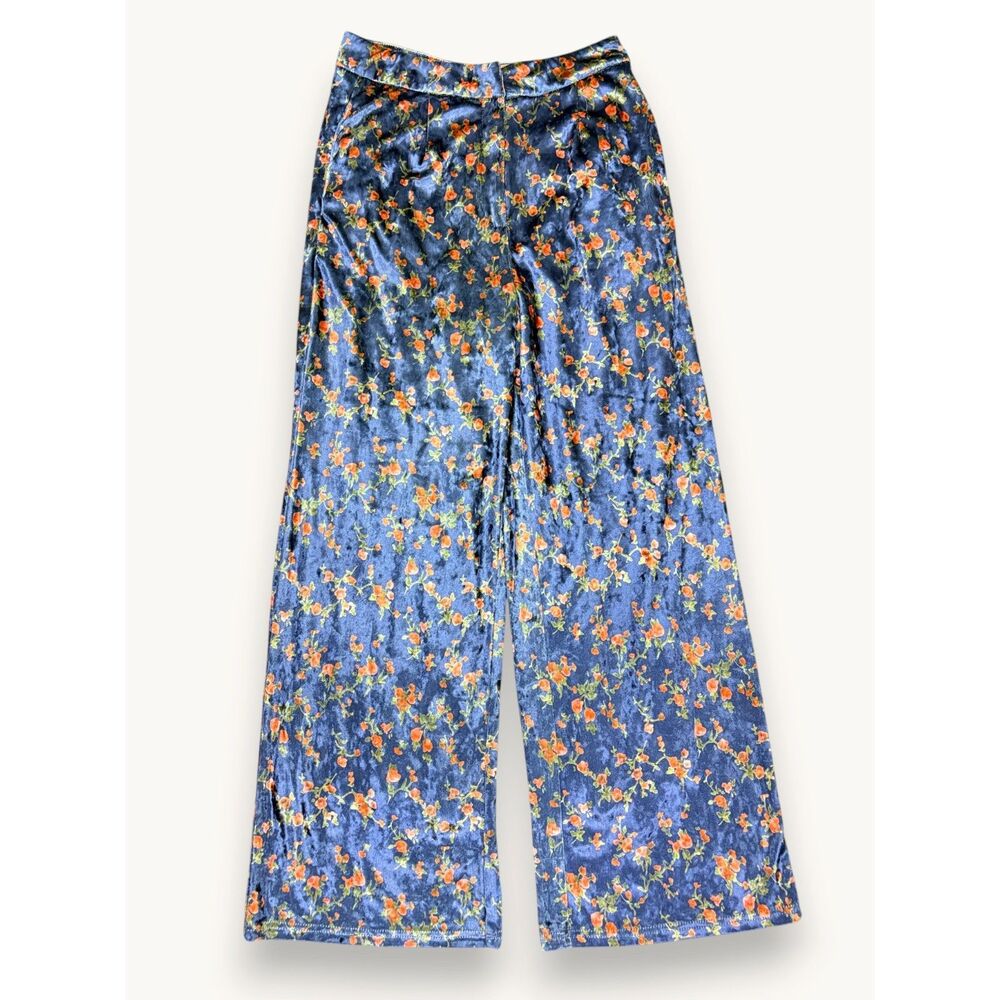 Promesa S Floral Velveteen Pants Small Blue Orange Wide Leg Boho Cottagecore